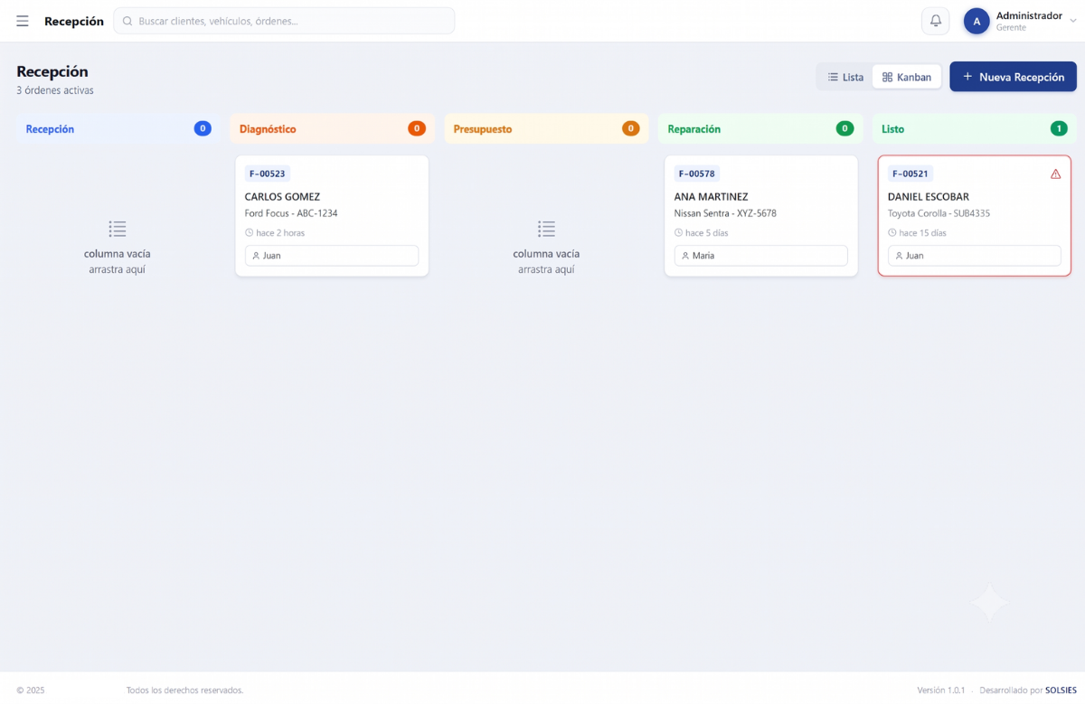 Tablero kanban del software AVA mostrando órdenes de servicio del taller